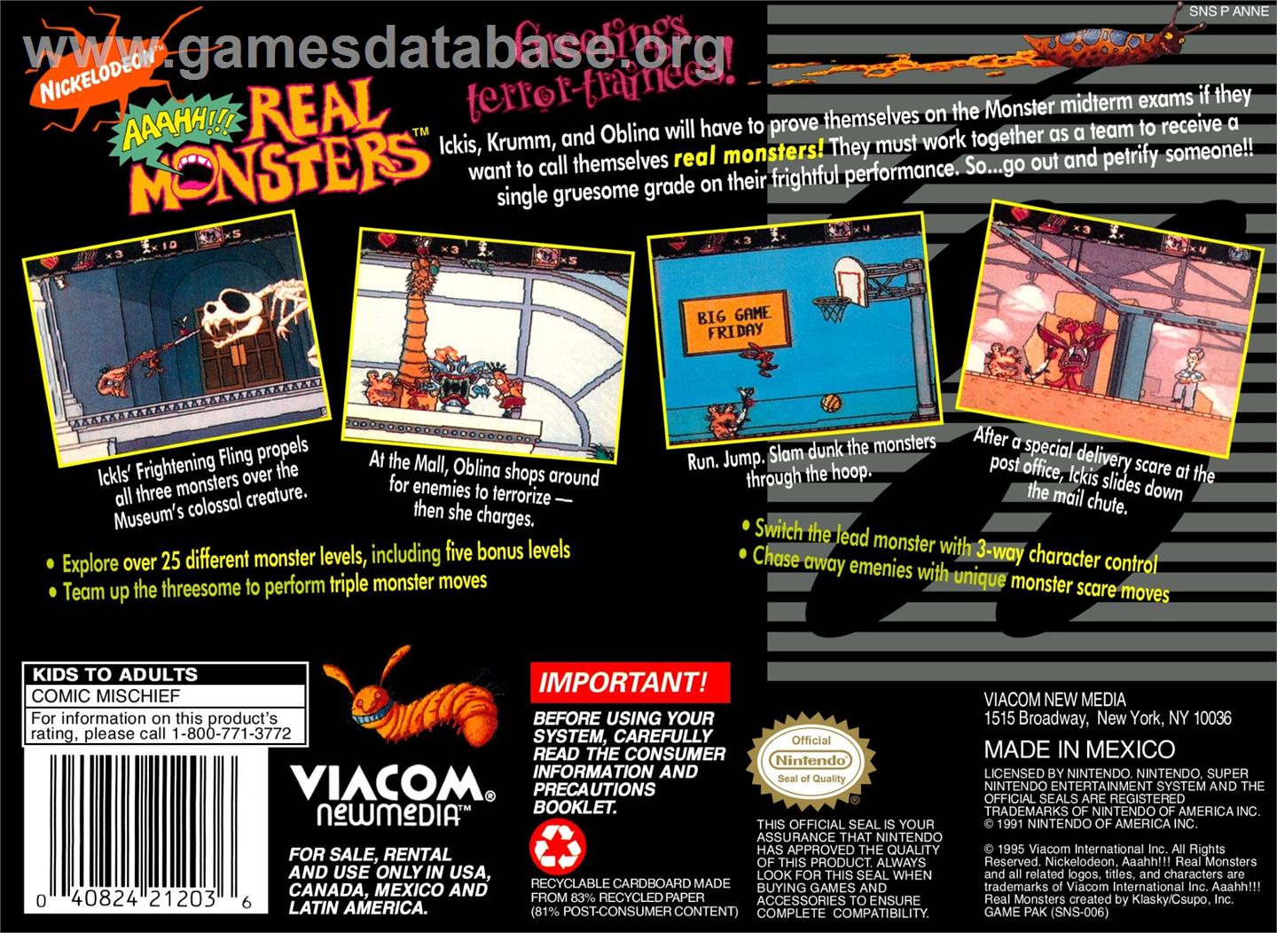 Aaahh!!! Real Monsters - Nintendo SNES - Artwork - Box Back